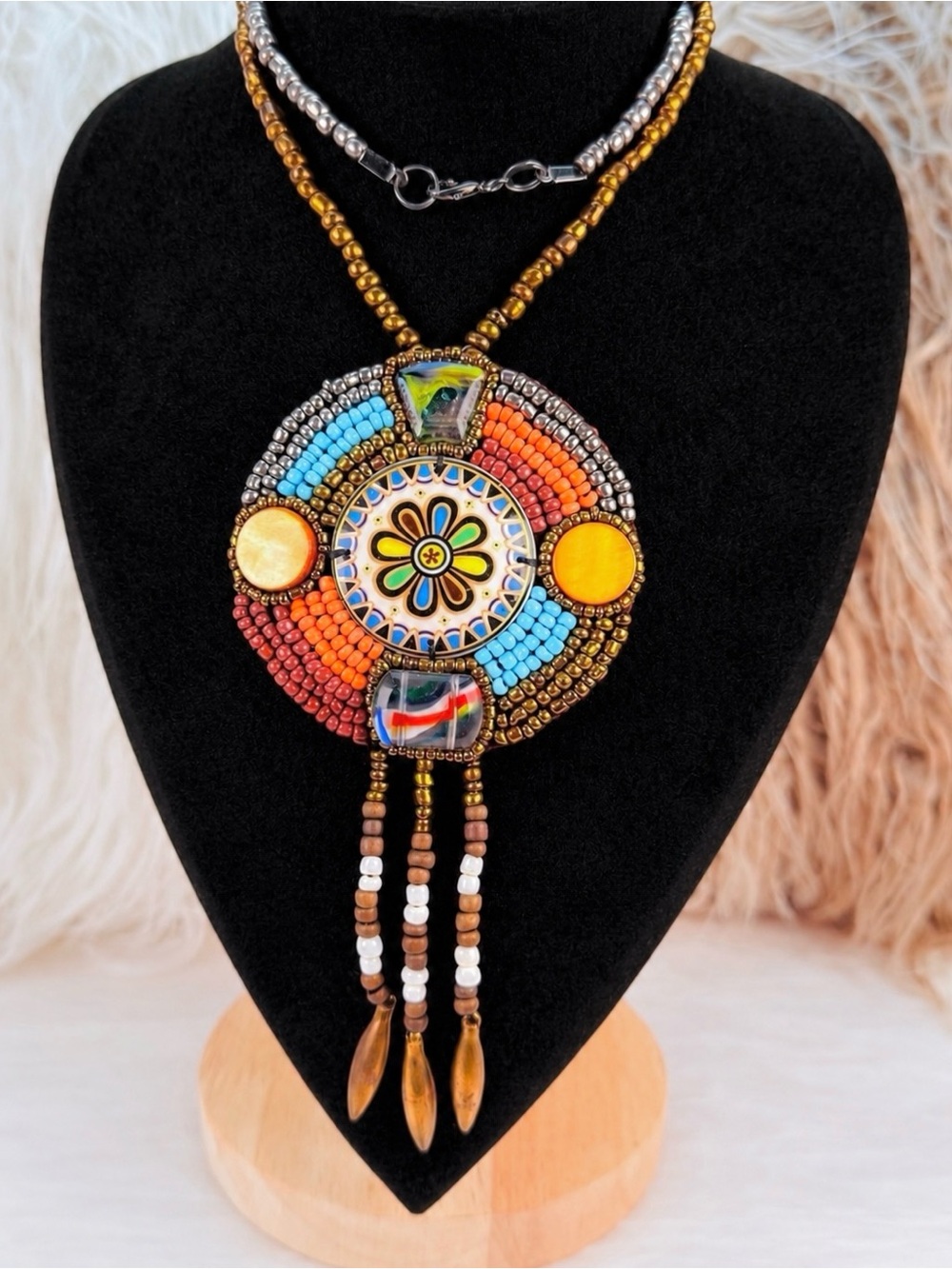 Bohemian Southwestern Chic Custom Beaded Necklace with Large Pendant